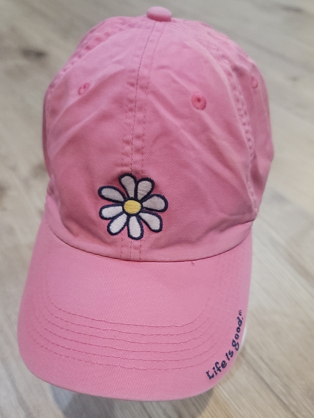 Pink Daisy Embroidered Baseball Cap Hat - "Life is Good" Detail